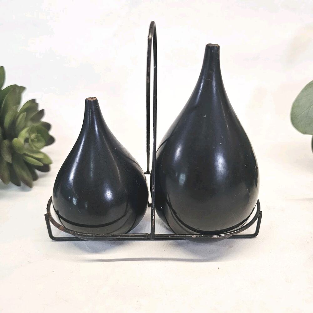 Mid Century Takahashi Black Lacquered Teardrop Salt Pepper Shakers w/stand retro